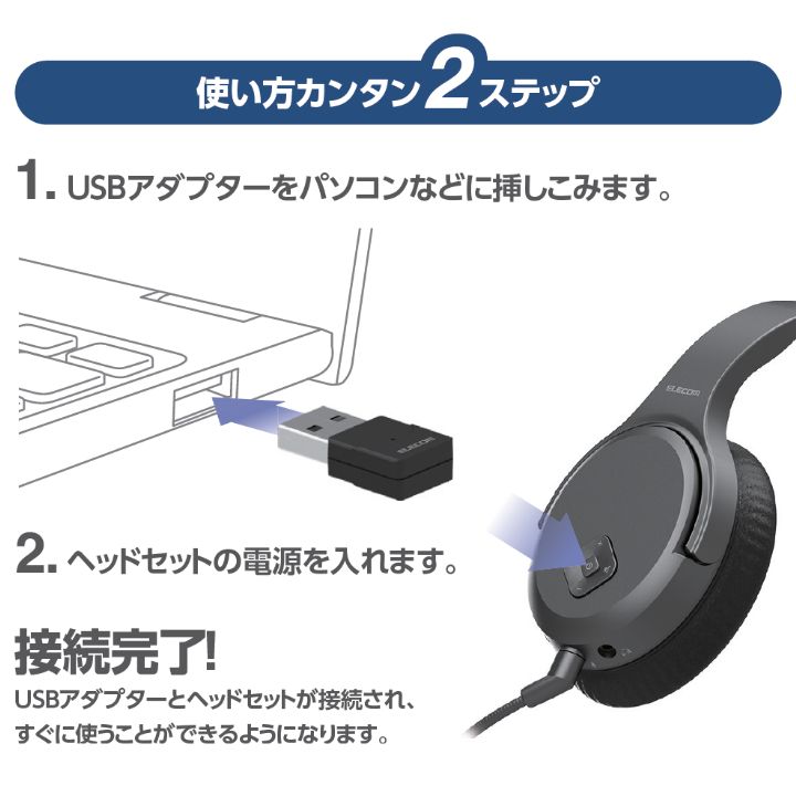 USBアダプターをパソコンに挿しこみ、ヘッドセットの電源をオンにするだけの2ステップで使用でき、わずらわしいペアリングなどの設定は不要