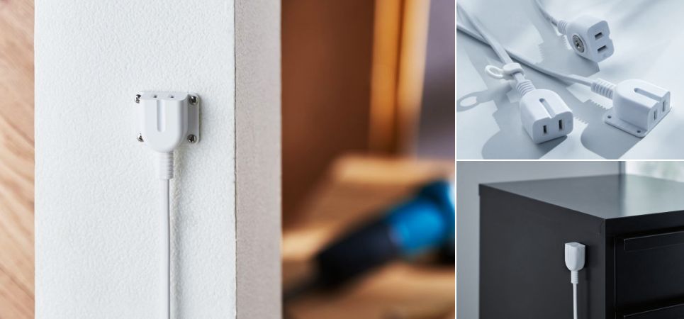 大きなアダプターや極性のある機器もスッキリ配線！安全面を考慮した機能搭載の延長電源ケーブルフック・マグネット・ネジ止め式の3種類を新発売