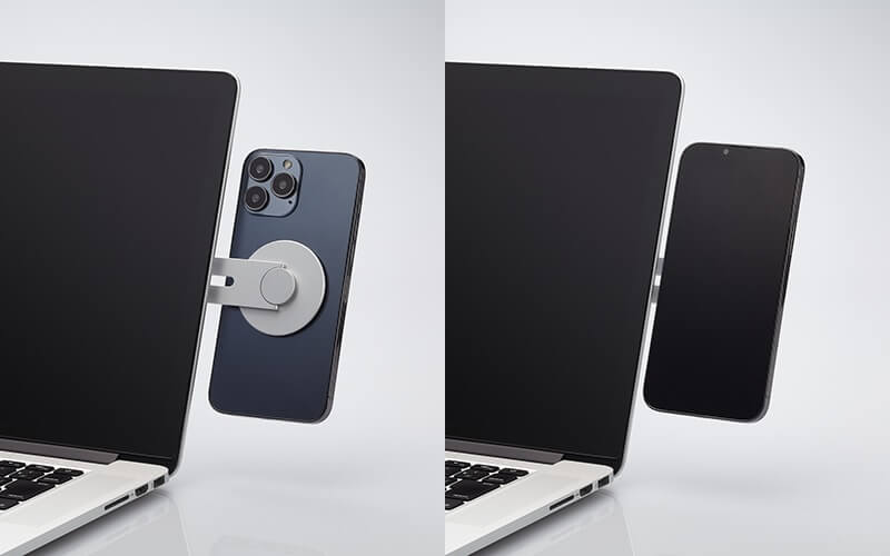 装着したままiPhoneの画面側とメインカメラ側に向きを簡単に切り替え可能