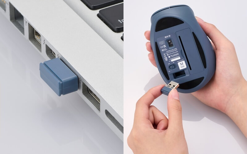 USB-Aポートに接続できるレシーバーが付属。使わない時は底面に収納可能