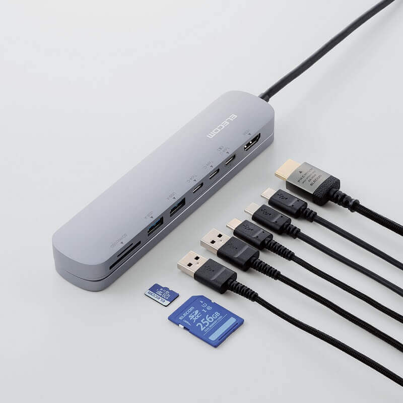 パソコンのUSB Type-Cポートに接続することで複数のUSB機器や外部モニター、SDカードなどを拡張可能