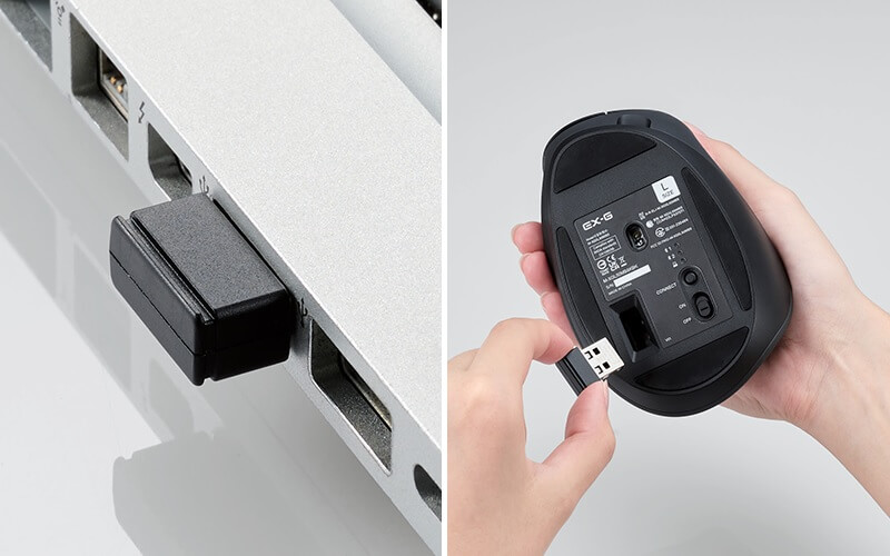 付属のレシーバーは、USB-Aポートに対応。レシーバーは使わない時は底面に収納可能