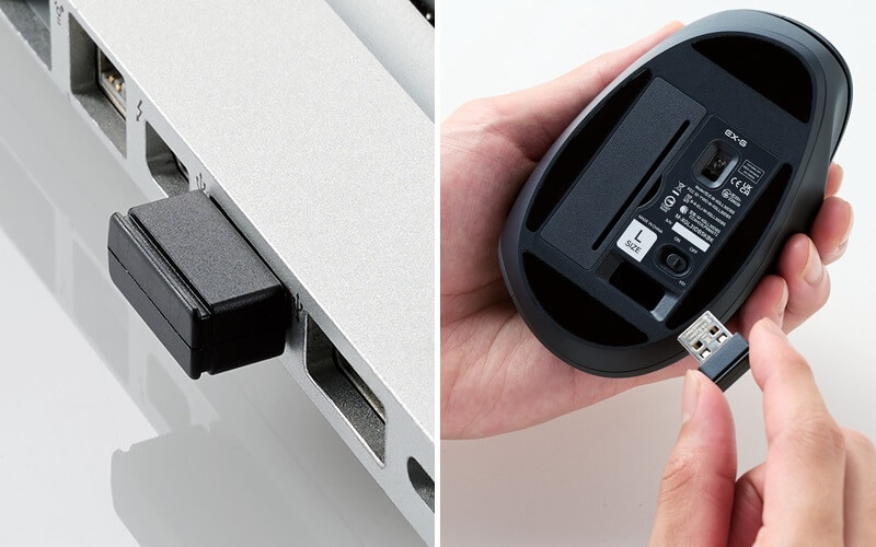 USB-Aポートに接続できるレシーバーが付属。使わない時は底面に収納可能