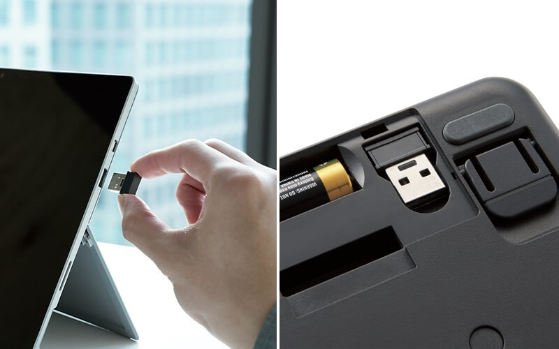 レシーバーはコンパクトなUSB-A接続タイプで本体裏面に収納が可能
