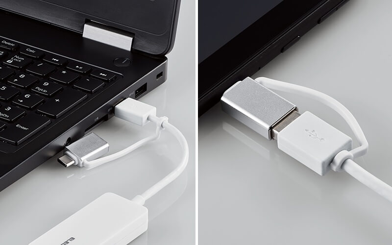 USB-Aコネクターと同じ幅のスリムなUSB Type-C変換アダプターを採用