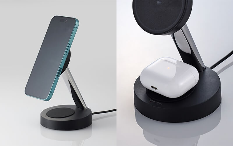 マグネット部にスマートフォン、台座部にAirPodsなどを置いて同時に充電可能