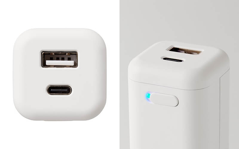 左：USB-AとUSB Type-Cの2ポートを装備 右：状態を確認できるLEDランプを搭載