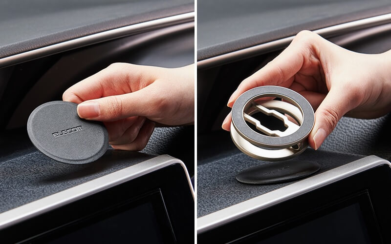 付属のパッドを使って車のダッシュボードに貼り付け可能