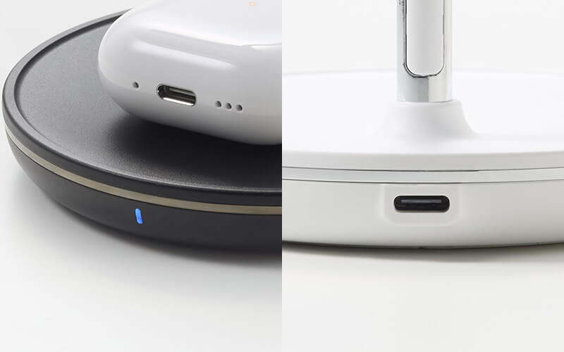 台座部の機器の充電状態をLEDで表示、充電入力はUSB Type-Cコネクターに対応