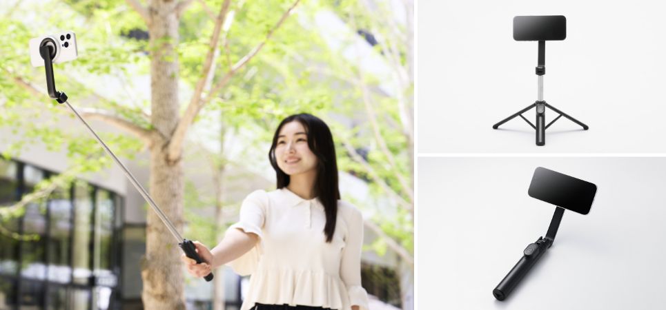 マグネット装着でスマートフォンを素早く着脱!Bluetooth®リモコン付きで自撮り棒にもなるスマートフォン用マグネット三脚3種を新発売