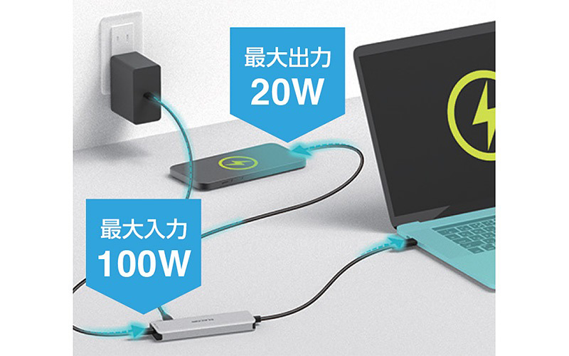 ノートパソコンの充電と同時に、スマートフォンやタブレットの充電が可能