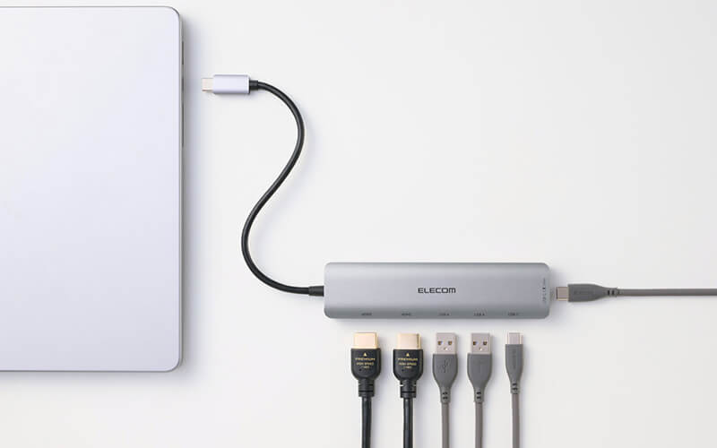 2台の外部モニターを接続できるほか、パソコンの充電やUSB 5Gbpsでのデータ転送が可能