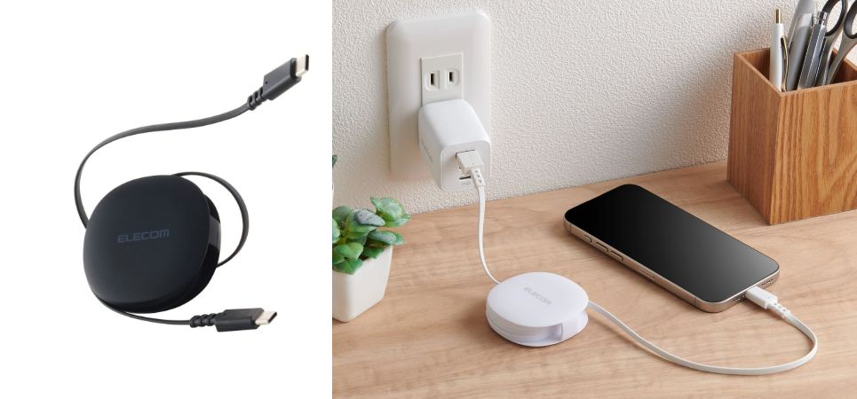 シュルッと収納、絡まずすっきり!手のひらサイズのケースで、持ち運びに便利な約90cmの巻き取りケーブルを新発売