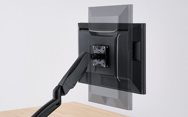 ベースが左右90度回転するモニターアームにも対応