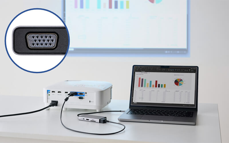 さらにVGAポートも搭載し、VGA搭載のプロジェクターやディスプレイに映像出力が可能