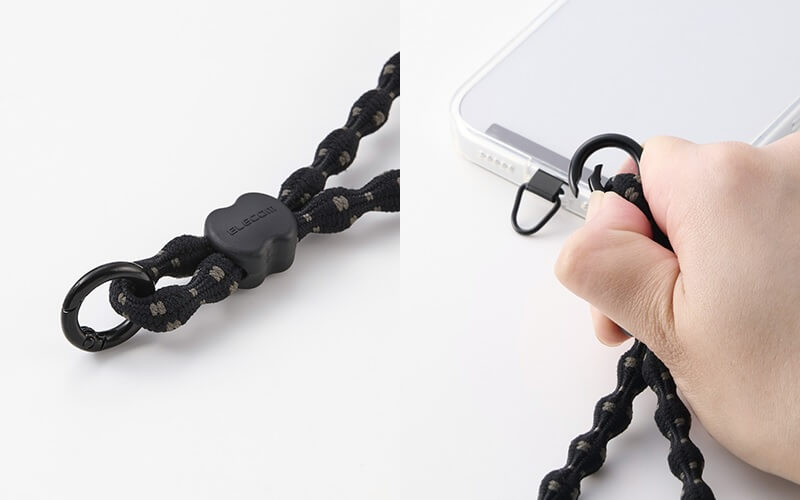 取り外しがしやすいカラビナ付き