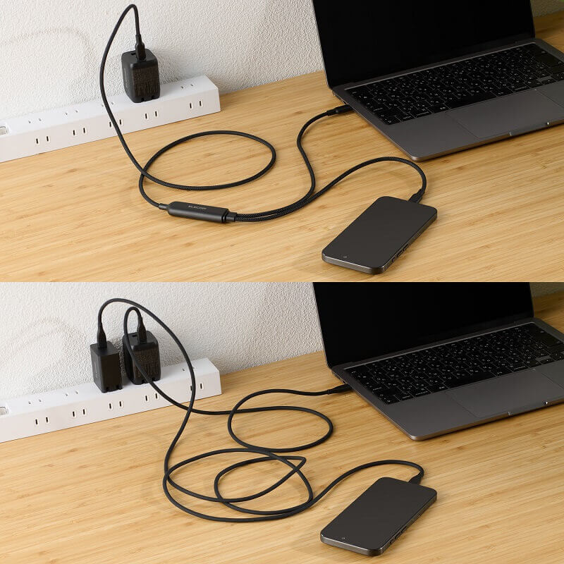 AC充電器もケーブルも1つでOK。デスク周りもすっきりし、外出時の持ち運びもスマートに！