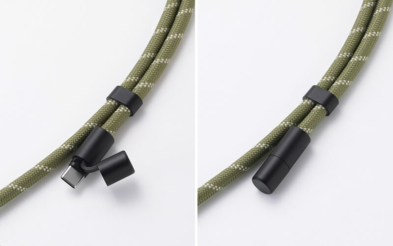 両端のコネクターを保護するケーブル一体型のキャップ付き