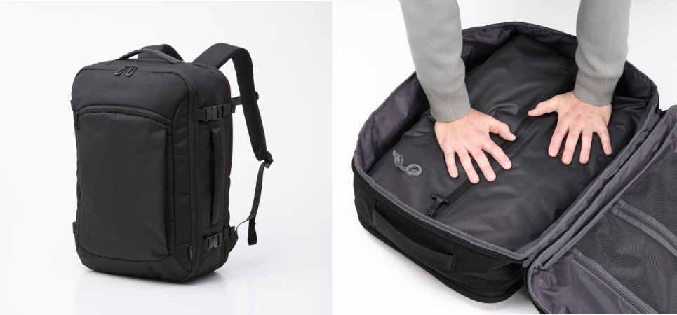 手で押すだけで衣類をギュッと圧縮!最大約40Lまで拡張でき、出張や旅行に便利な真空圧縮＋拡張トラベルバックパックを新発売