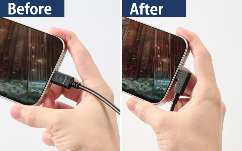 L字コネクターならスマートフォンを横持ちする時、持ちやすく、操作もしやすい
