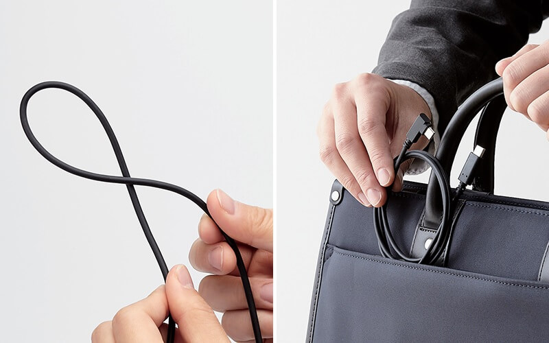 束ねてもクセが残りにくいやわらかケーブルを採用。収納する時も小さくまとまる