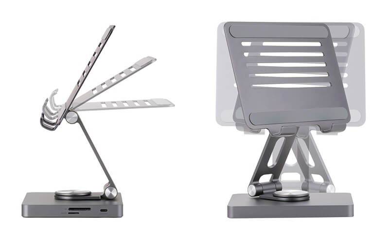 高さと角度調整ができるほか、左右に360度回転させることも可能