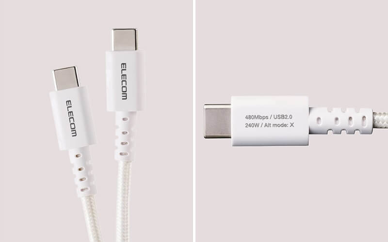 eMarker搭載で安定した充電が可能。コネクターに製品仕様が印字され、区別しやすい(右)