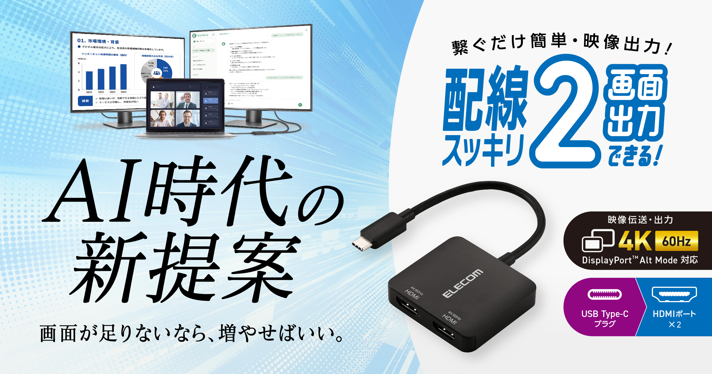 プレゼンやデスクワークを快適に!見せたくない画面を瞬時にOFFできる手元スイッチ付きモデルと、最大3画面表示ができる2ポートモデルのUSB Type-C対応HDMI映像変換アダプターを新発売