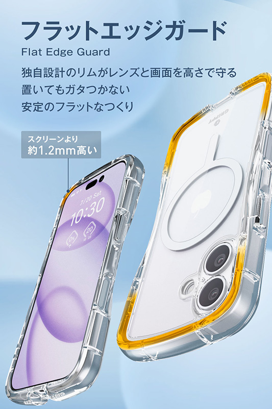 独自設計のリムで置いてもガタつかず、レンズと画面を守る
