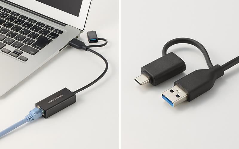 パソコンのUSB-Aポートに接続する場合でも、紐付きなのでアダプターを紛失する心配がない