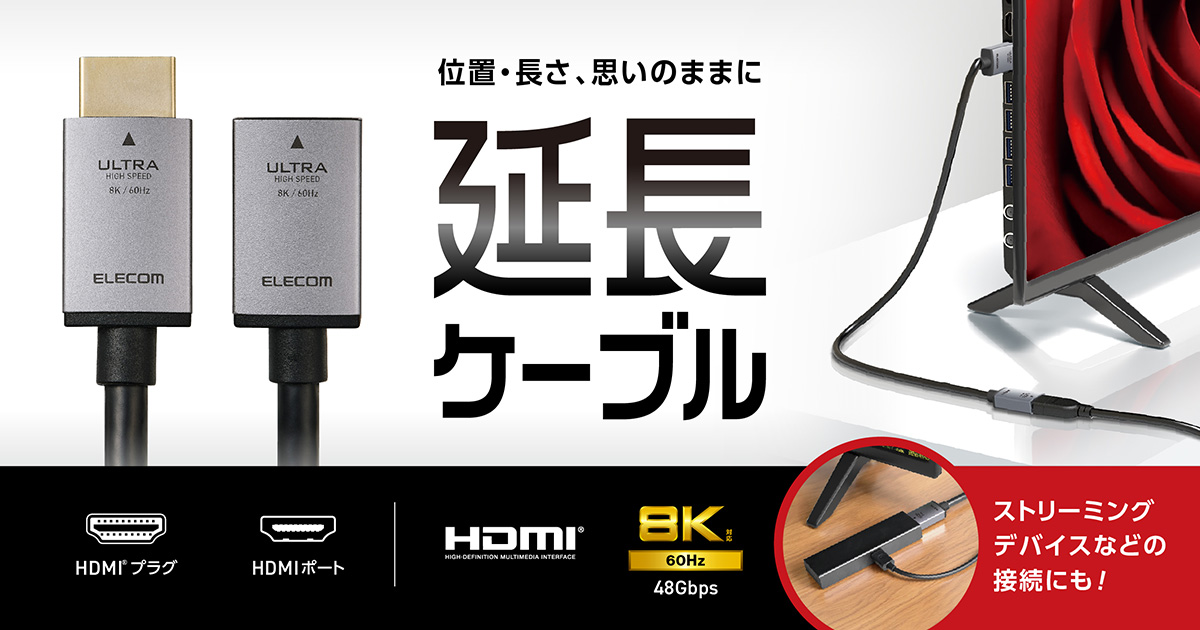 HDMIポートを使いやすい位置に引き出せる8K/4K対応HDMI延長ケーブル_メイン画像