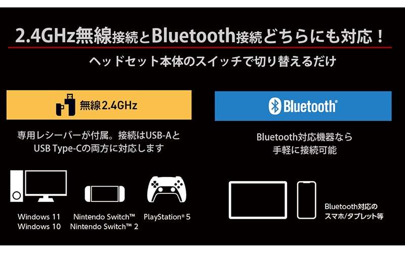 2.4GHz無線接続とBluetooth接続どちらにも対応！
