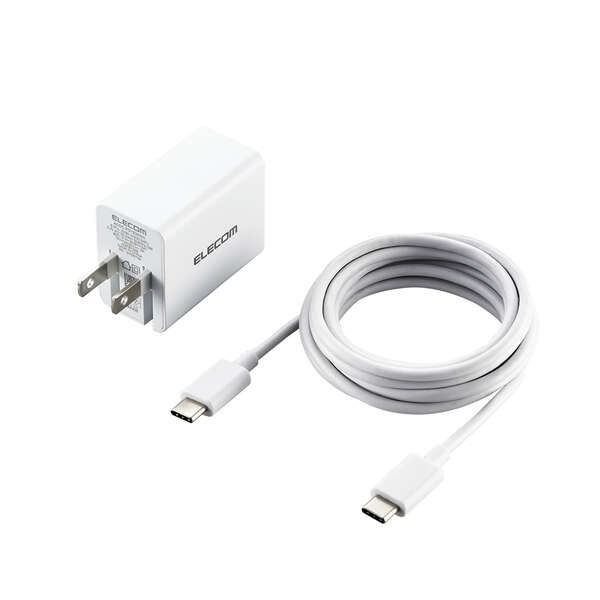 GaN USB PD対応 USB AC充電器(USB PD30W) ケーブル(2m)付属 - ACDC-PD1530WH