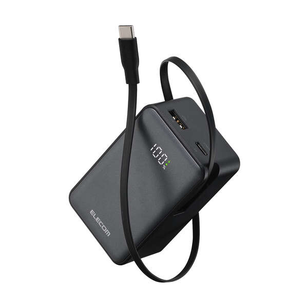 巻き取り式ケーブル一体型モバイルバッテリー(10000mAh/35W) - EC-C55LBK