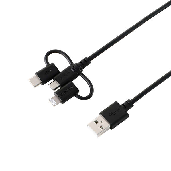 3in1ケーブル(USB-A - Micro-B+USB-C+Lightning変換/やわらか) - MPA