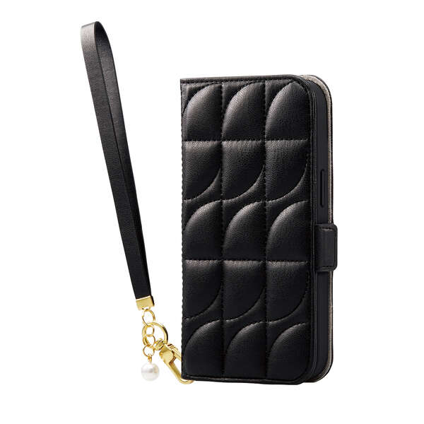 iPhone 14 ソフトレザーケース キルティング 磁石付 ハンドストラップ