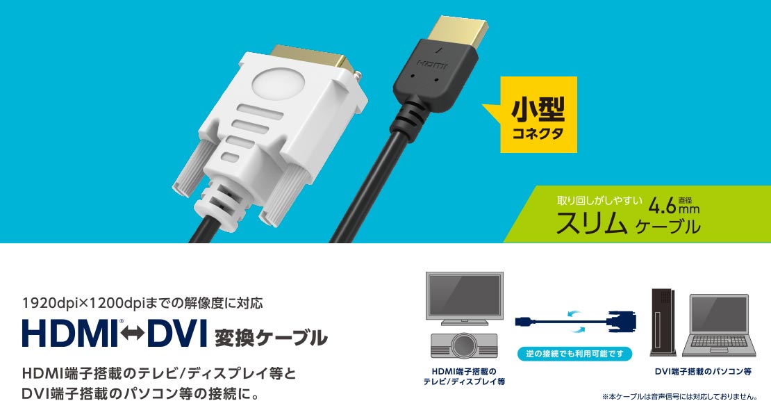 5個セット】 HDMI変換ケーブル 配線 HDMI-DVI 1.5m スリム 小型