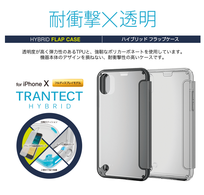 iPhone X用ハイブリッドケース/衝撃吸収/クリアフラップ付 PM-A17XHVCFBK