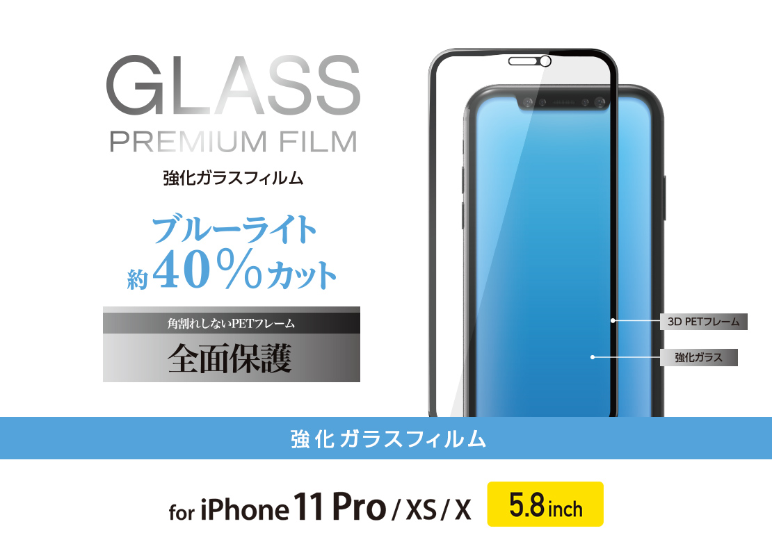 iPhone 11 Pro用フルカバーガラスフィルム/フレーム付/BLカット - PM