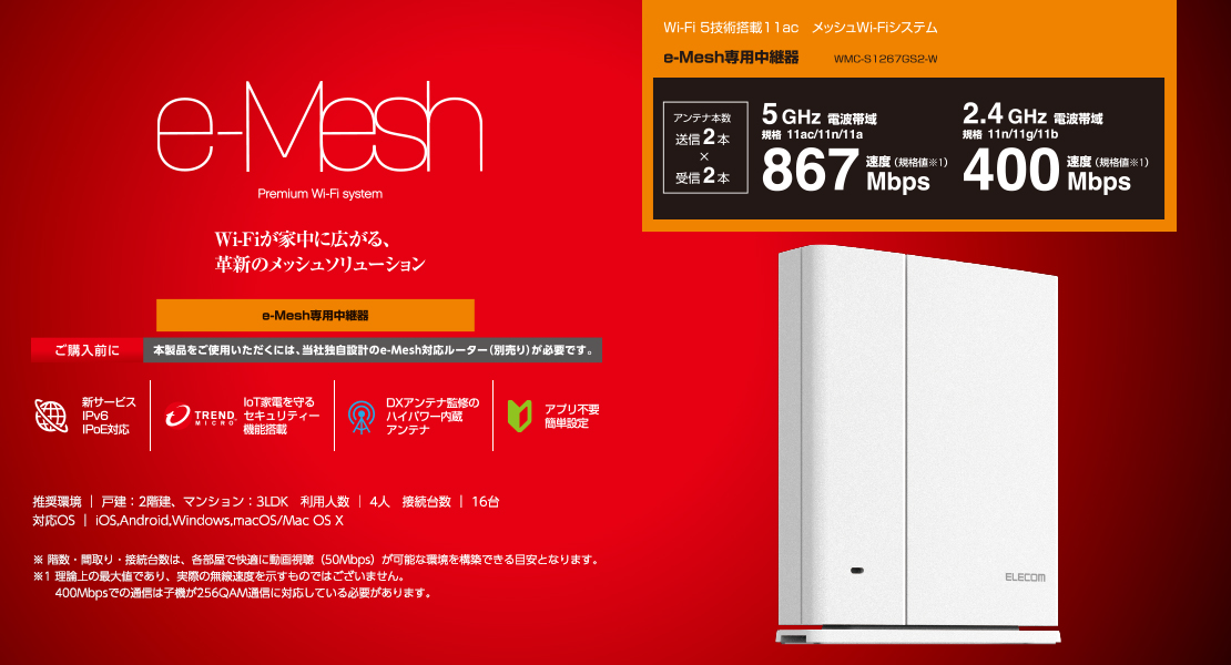 ELECOM★e-Mesh専用中継器★WMC-S1267GS2-W★新品未使用