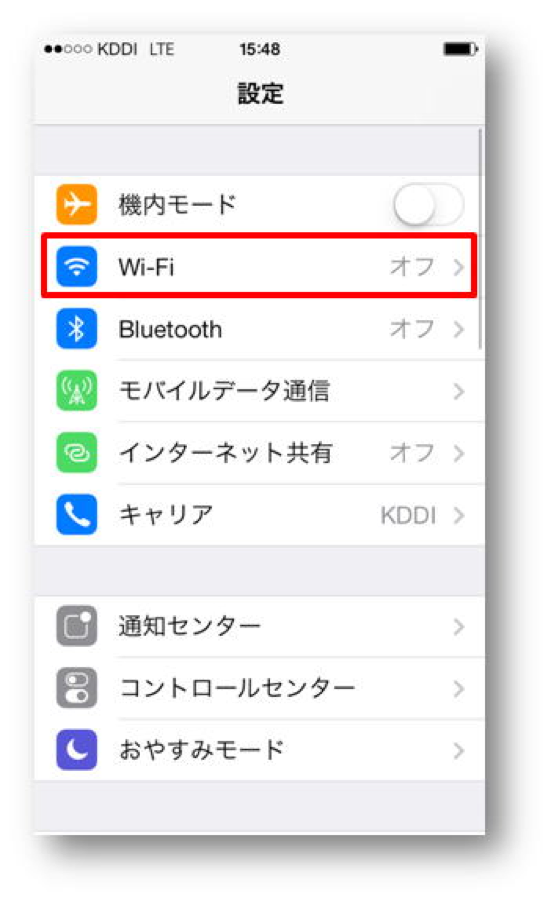  iPhone「設定」画面にある「Wi-Fi」設定メニューのイメージ図