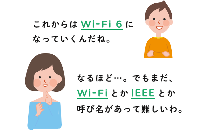 「これからはWi-Fi 6になっていくんだね。」「なるほど…。でもまだ、Wi-FiとかIEEEとか呼び名があって難しいわ。」