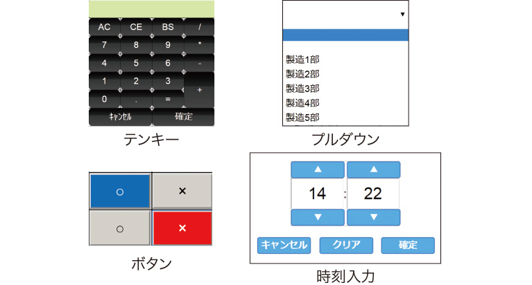 テンキー、プルダウン、ボタン、時刻入力
