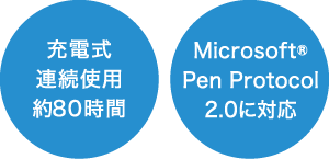 充電式連続使用約80時間／Microsoft® Pen Protocol 2.0に対応