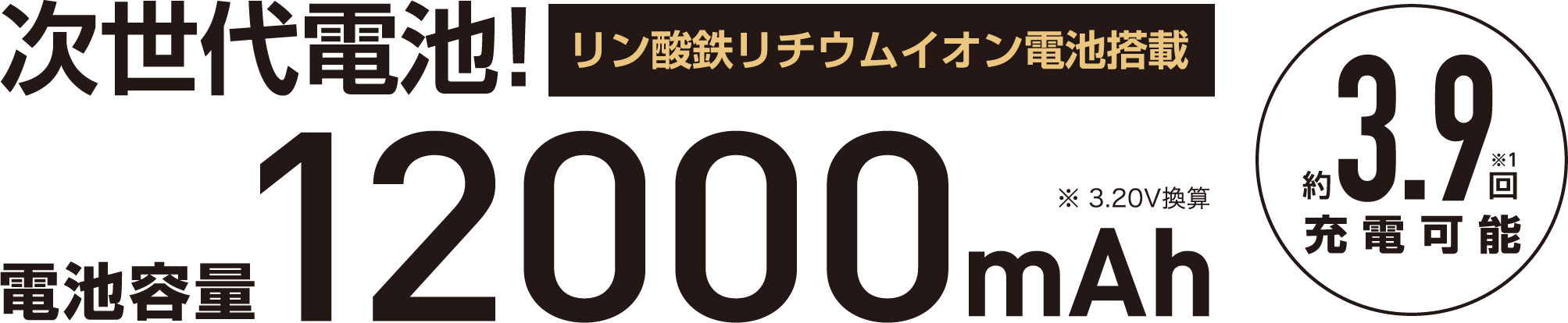 次世代電池！リン酸鉄リチウムイオン電池搭載。電池容量12000mAh