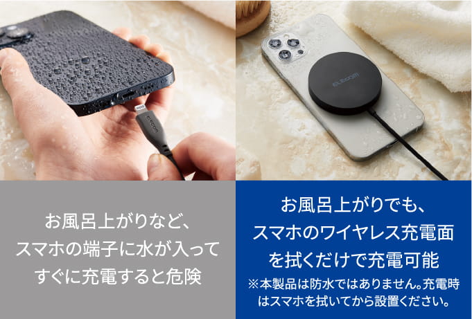 「従来のケーブル充電：お風呂上りなど、スマホの端子に水が入ってすぐに充電すると危険」と「Qi2の充電：お風呂上りでも、スマホのワイヤレス充電面を拭くだけで充電可能※本製品は防水ではありません。充電時はスマホを拭いてから設置ください。」の比較画像　PC向け画像