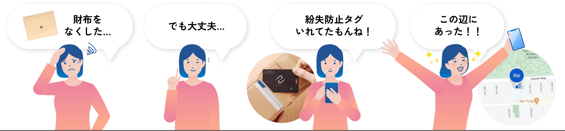 財布をなくしたが、紛失防止タグをスマホの探すアプリで探し、見つけられた流れを4コマで説明するイラスト