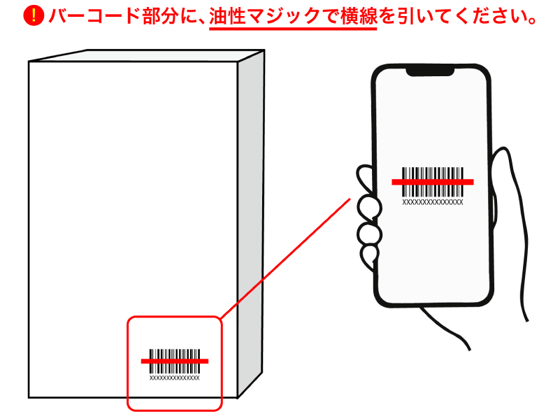 バーコード部分に、油性マジックで横線を引いてください。