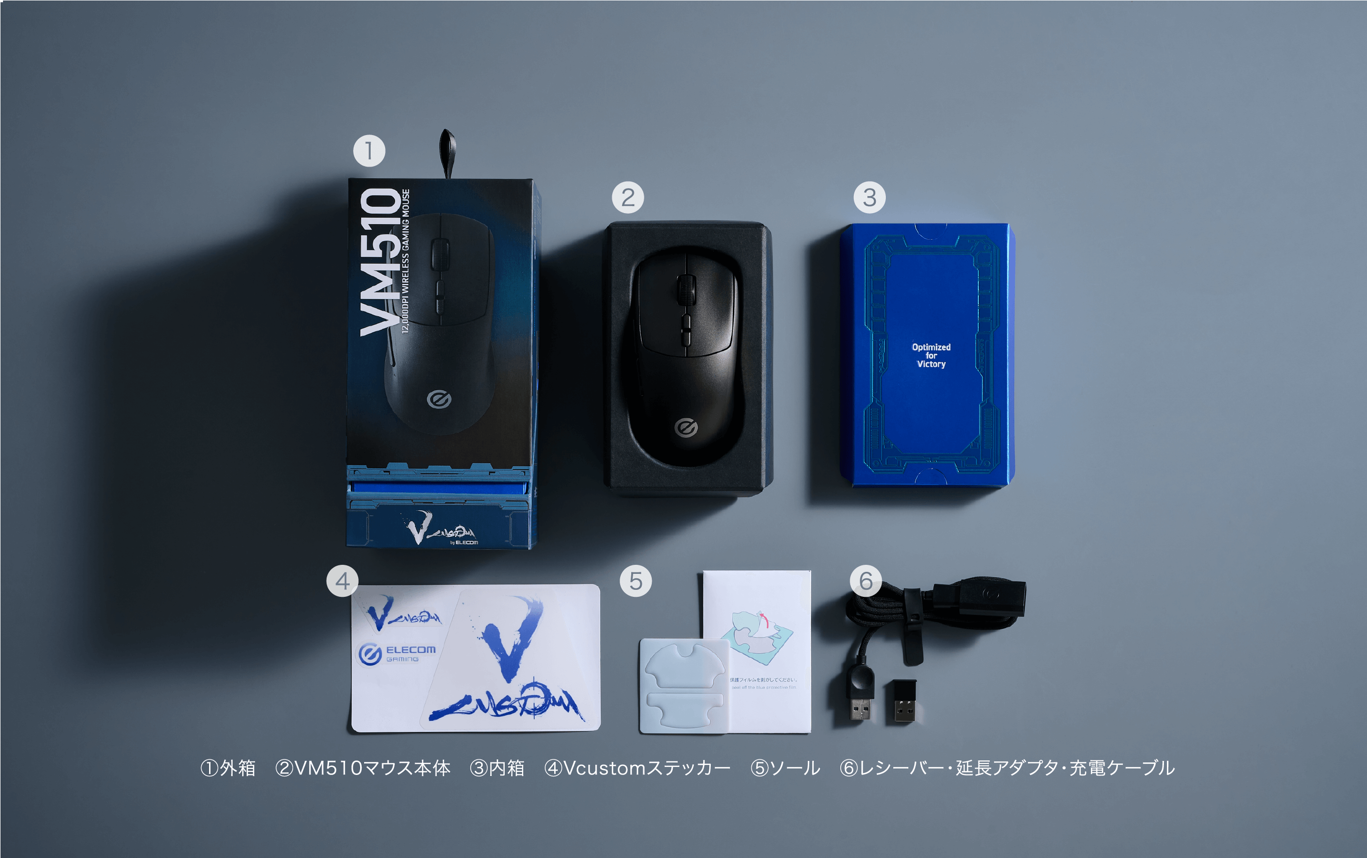 ①外箱 ②VM510マウス本体 ③内箱 ④Vcustomステッカー ⑤ソール ⑥レシーバー・延長アダプタ・充電ケーブル