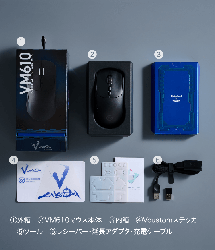 ①外壳②VM610鼠标本体③代理人④Vcustom贴纸⑤鞋底⑥接收机、延长适配器、充电缆线